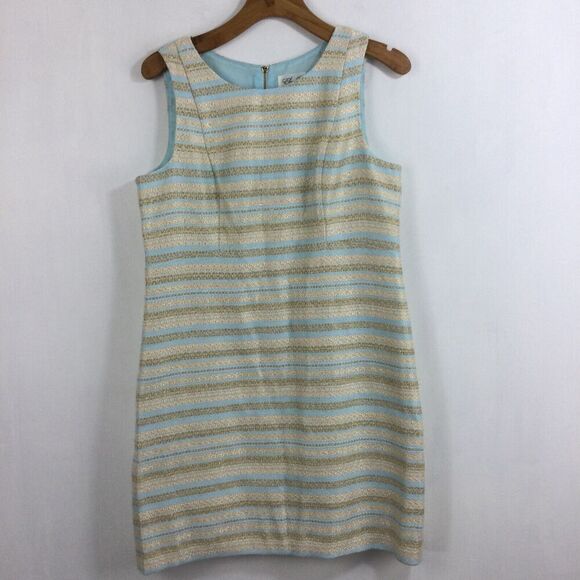 Eliza J Striped Tweed Dress Cream Blue Gold Metallic Shimmer Size 14 - Picture 7 of 10